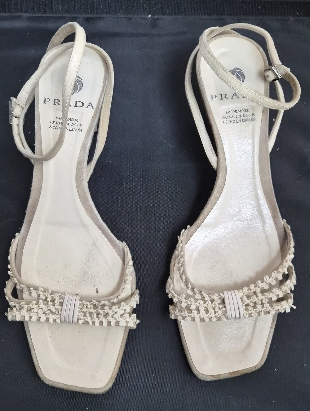 Prada Vintage Crochet Strappy Kitten Heels Tan Cream Size 37 US 7